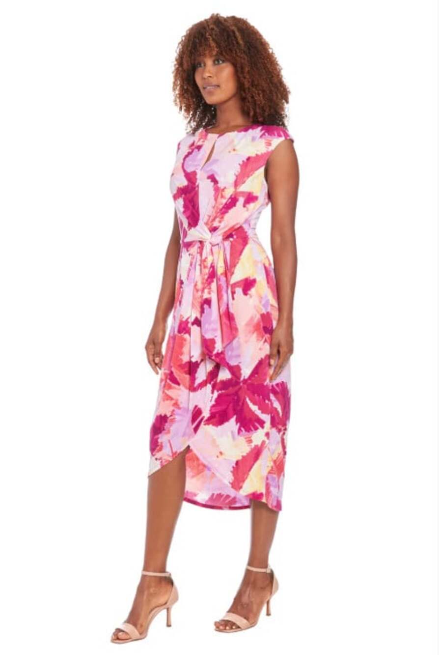 London Times Petite Size 4P Cap Sleeve Tulip Hem Wrapped Tie Waist Midi Dress